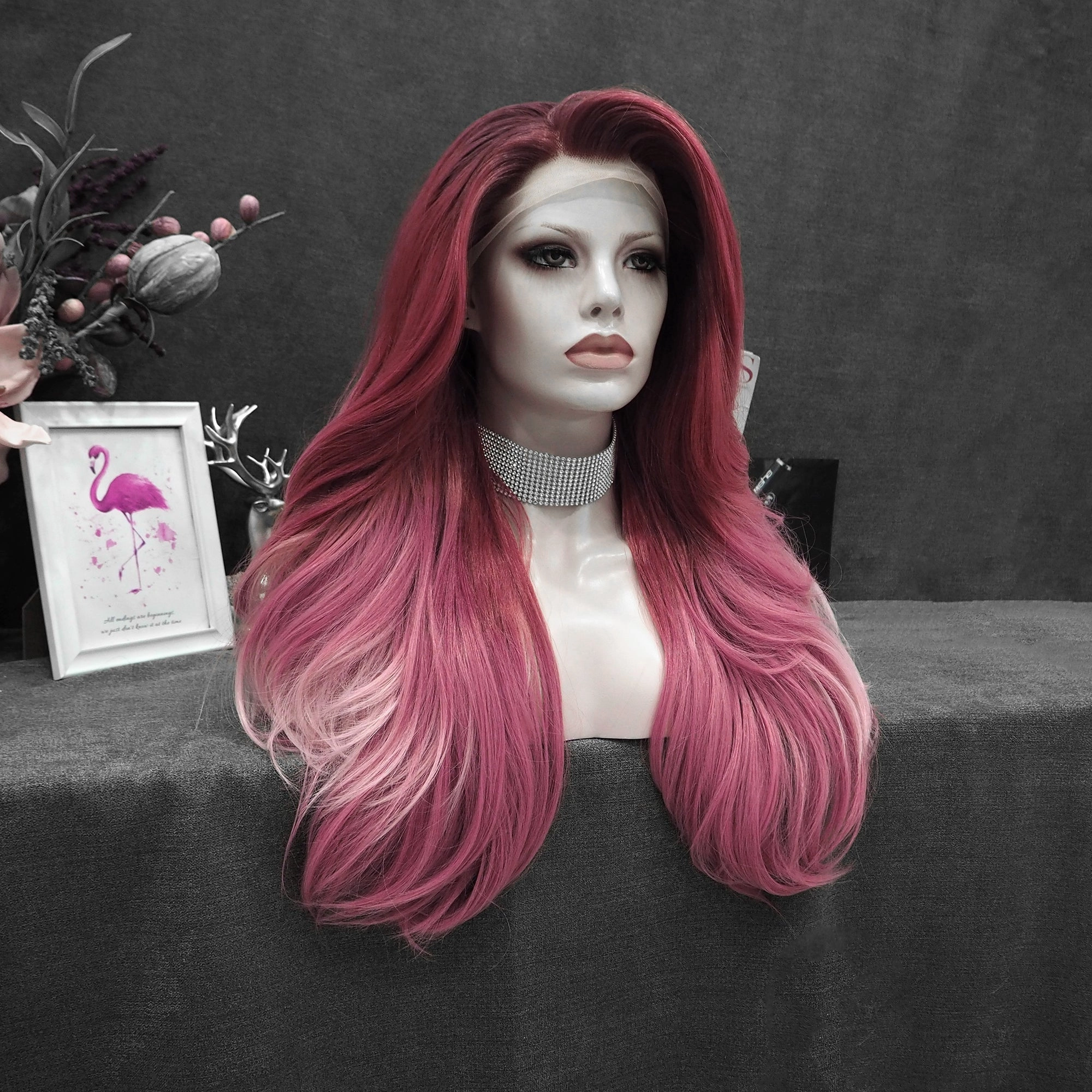 Rose Pink Ombre Long Loose Wave Synthetic Lace Front Wig