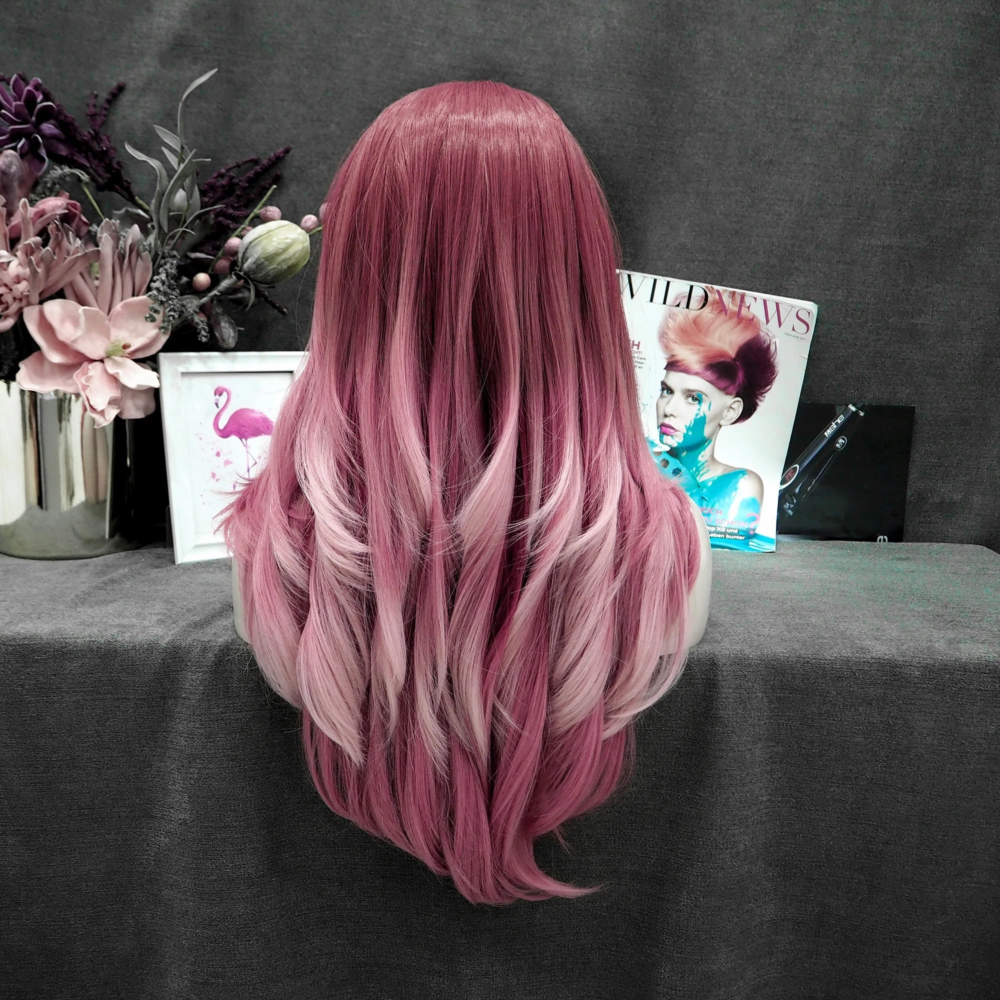 Rose Pink Ombre Long Loose Wave Synthetic Lace Front Wig