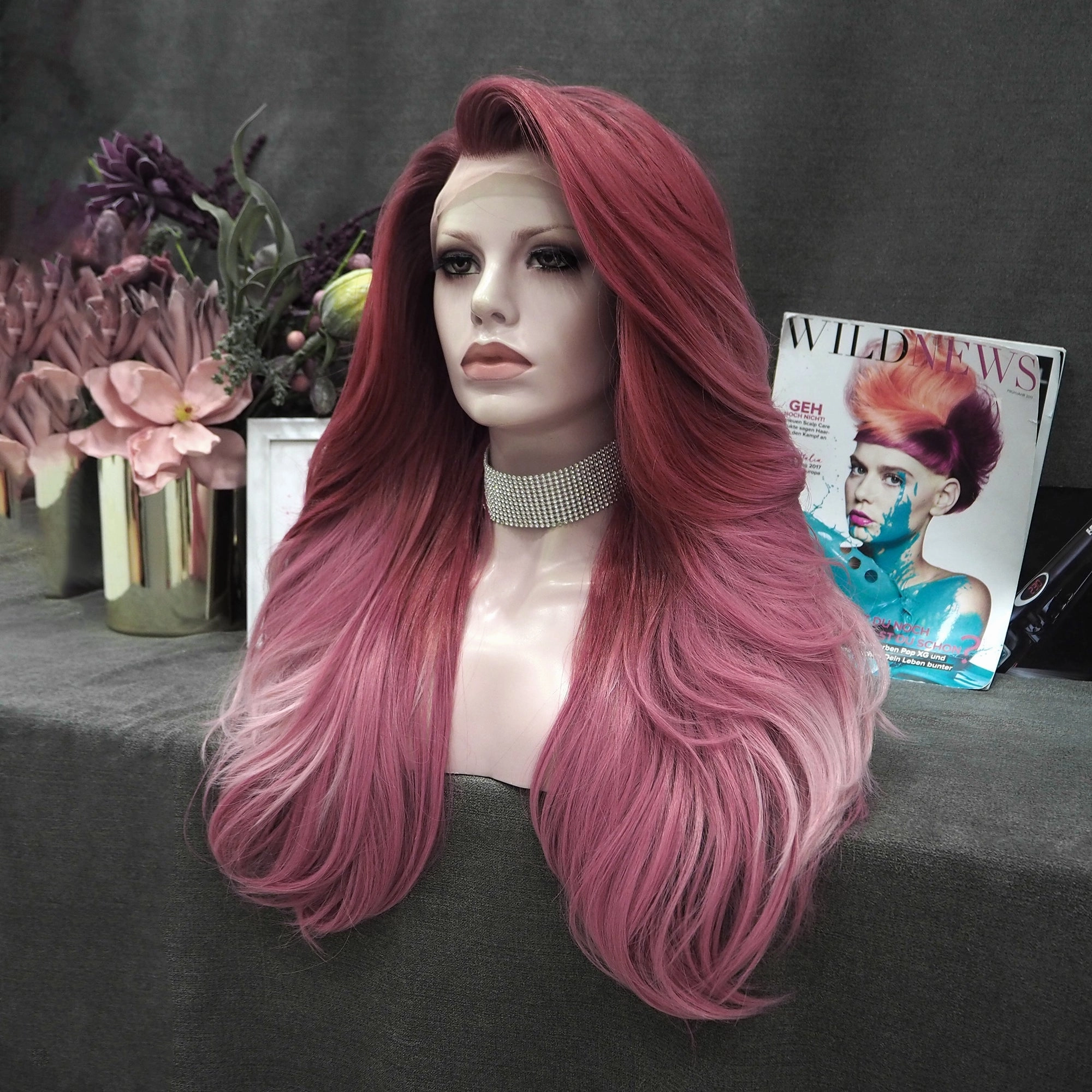 Rose Pink Ombre Long Loose Wave Synthetic Lace Front Wig