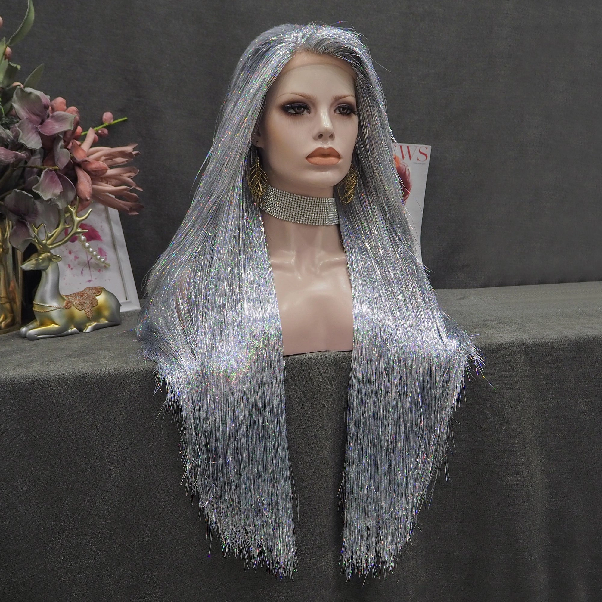 Sandy - Silver Gray White Full Tinsel  Long Straight Wig