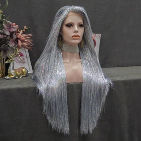 Sandy - Silver Gray White Full Tinsel  Long Straight Wig