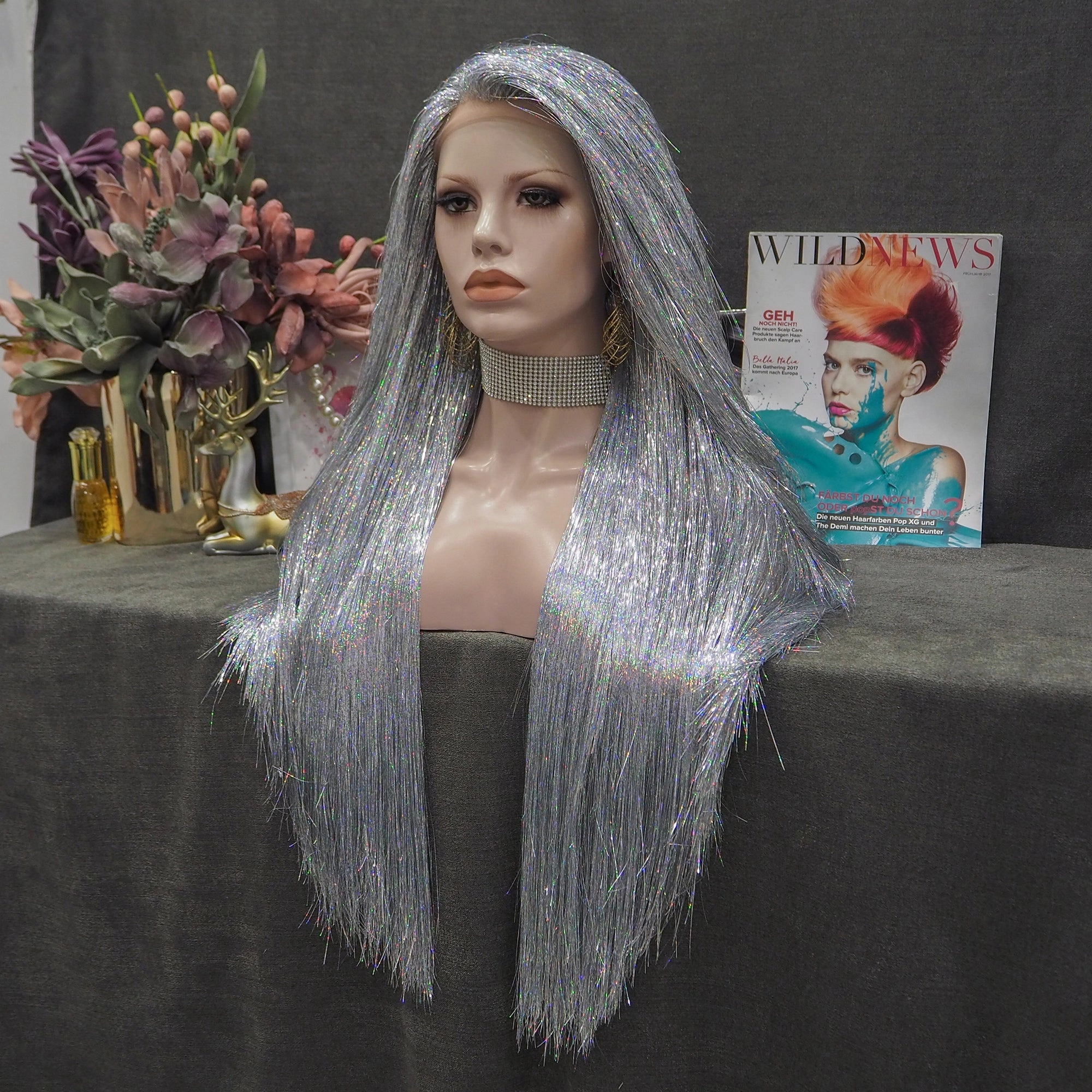 Sandy - Silver Gray White Full Tinsel  Long Straight Wig