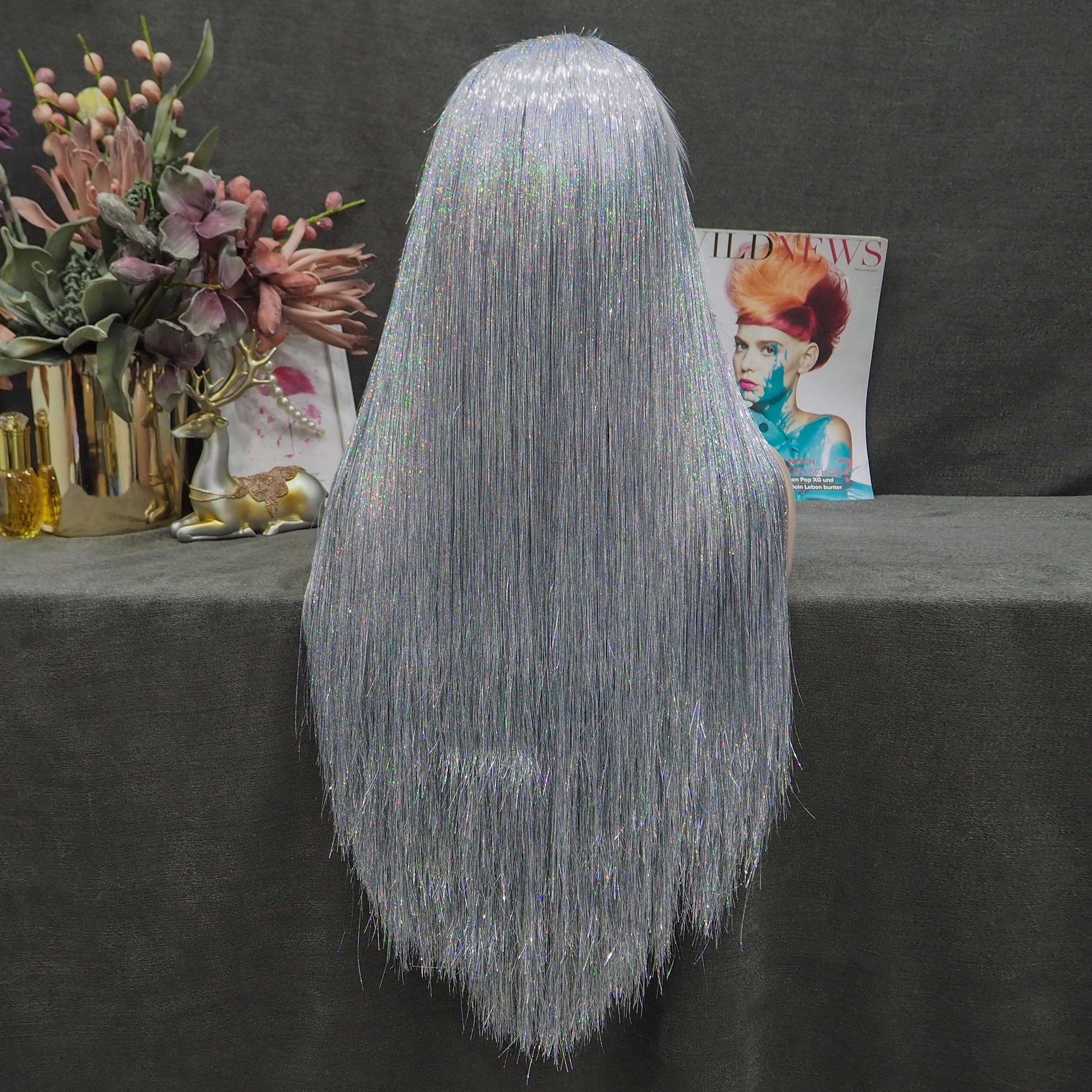 Sandy - Silver Gray White Full Tinsel  Long Straight Wig