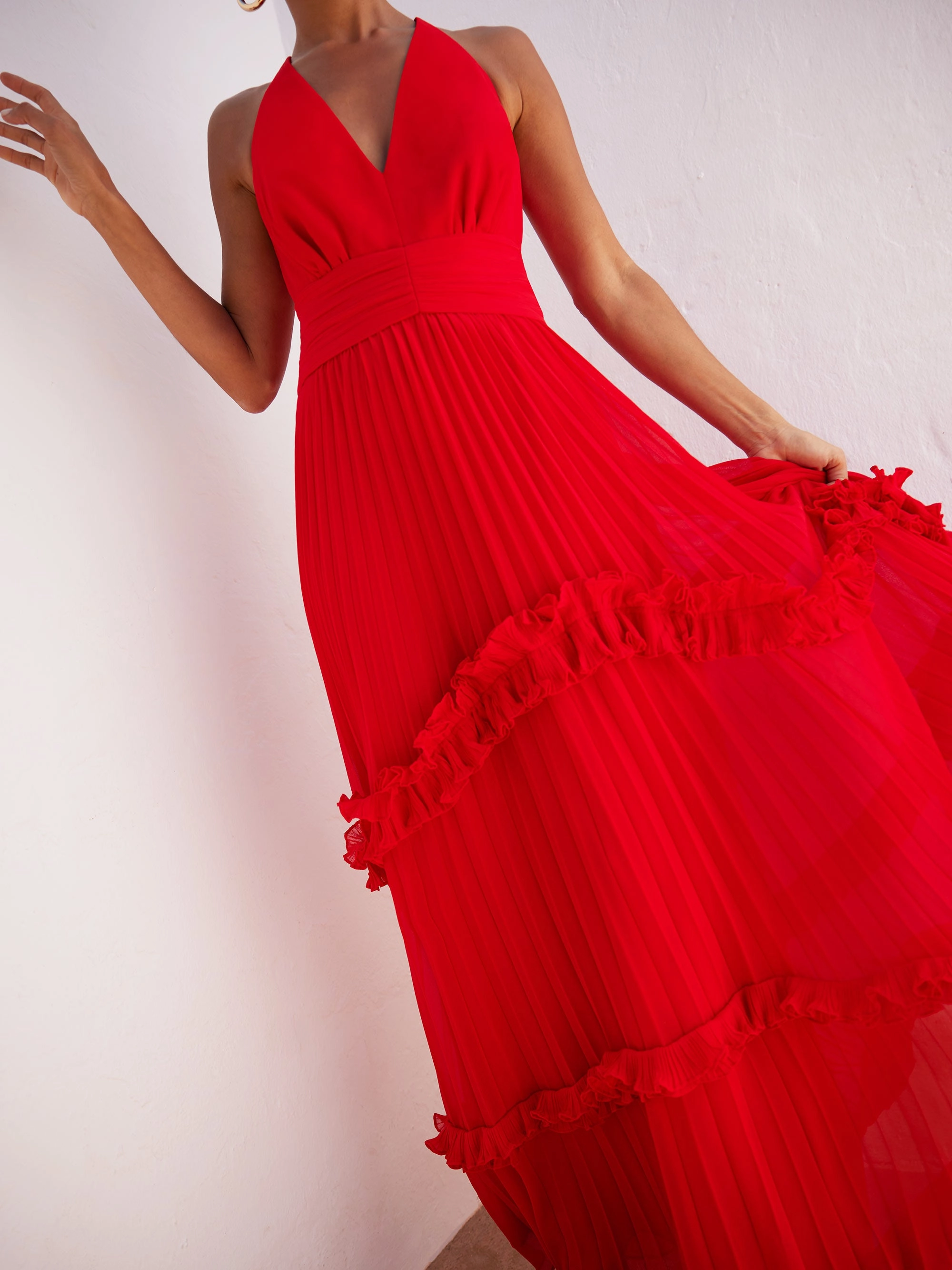 Sienna Red Pleated Frill Maxi Dress