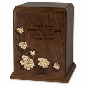 Walnut Wood Cremation Urn with Flower Inlay - Multiple Colors